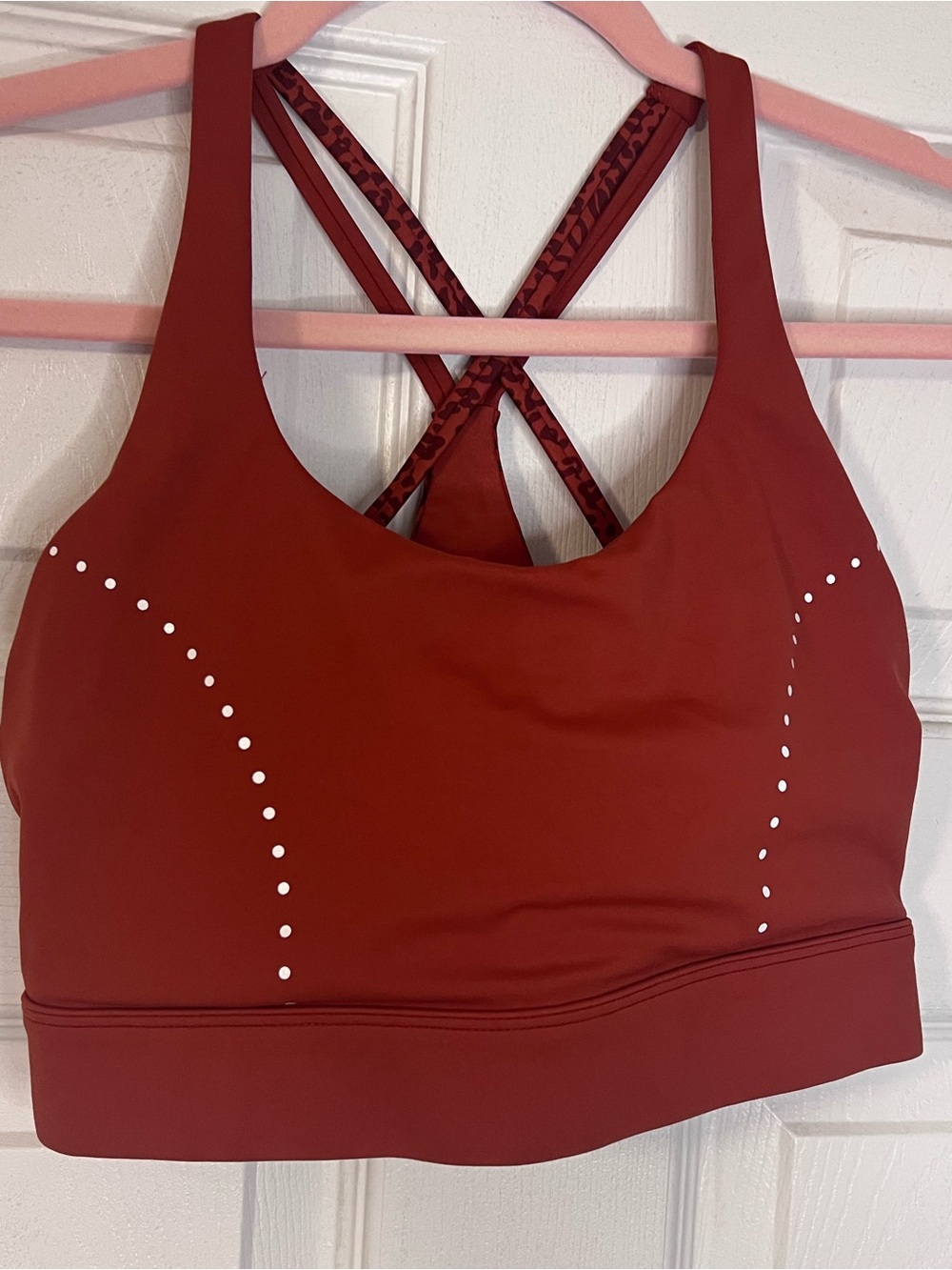 #642 Zyia Active Medium Strappy Sports Bra Rust Leopard Crisscross Back Padded